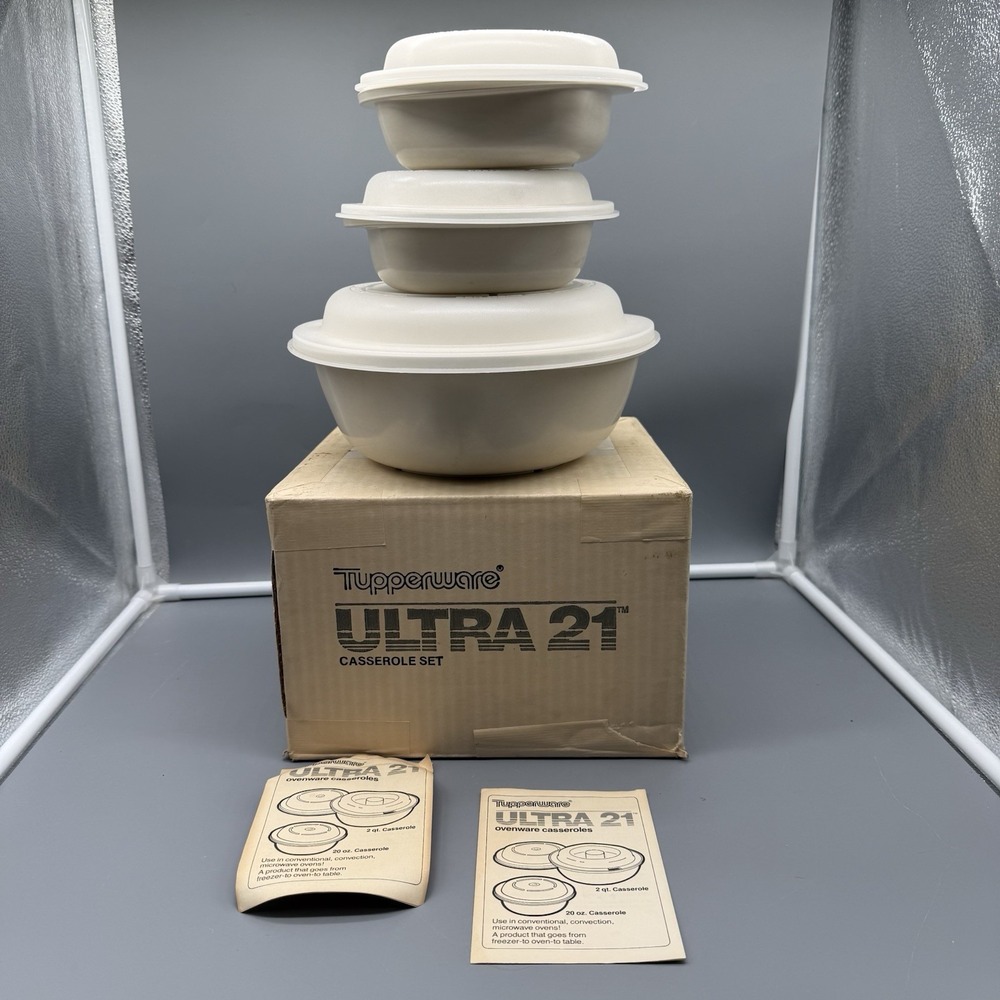 Vintage Tupperware Ultra 21 Ovenware Casserole Set 3 Pc w Lids Box Instructions